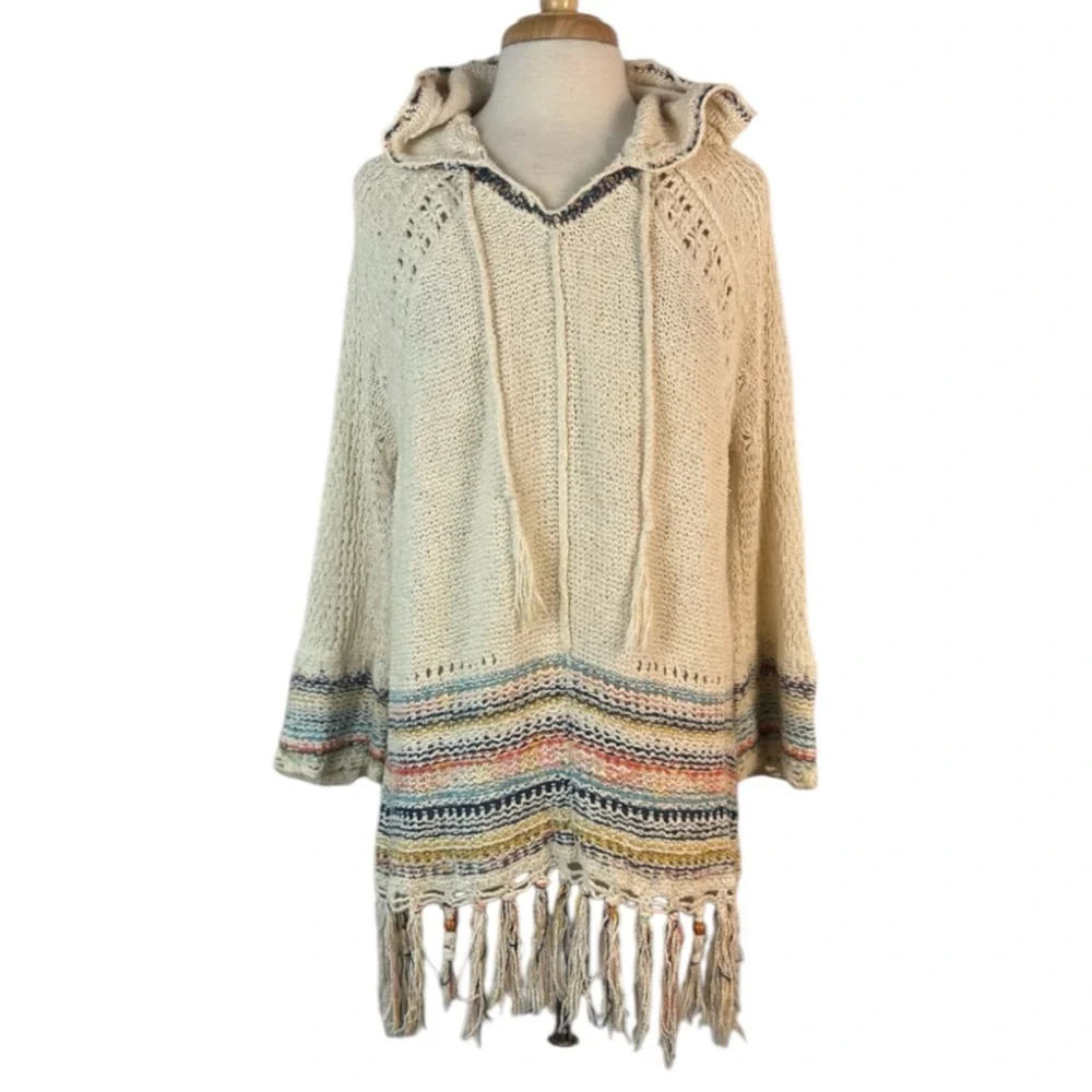 Free People Knit Crochet Hooded Pullover Tah-Loo Fringe Tunic Sweater Boho Indie - Picture 2 of 8